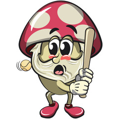cute mushroom character cartoon mascot vector illustration playing baseball, work of hand drawn