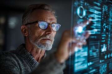 Focused senior businessman analyzing complex data on futuristic digital interface, driving innovation