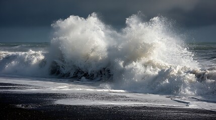 crashing surf on black volcanic sand beach powerful natural ocean force