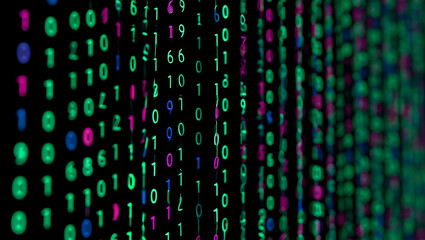 Abstract Binary Code Stream: Glowing Green, Pink, and Blue Digital Data Flowing Downward on Black Background