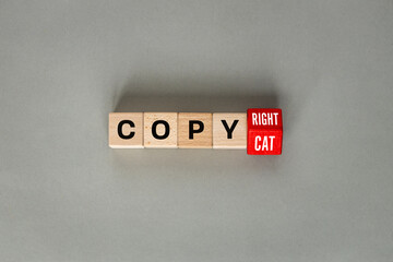 Copycat to copyright. Conceptual business words that change copy right into copycat. Imitation or copyright. flat lay, copy space