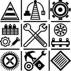 Industrial and construction icons representing engineering mechanics and building trades with tools and machinery elements