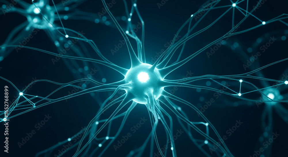 Poster cyan neuron cell detailed 3d render, showcasing intricate network connections, representing neural p