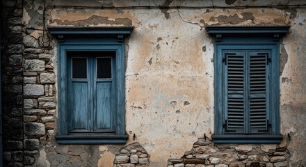 Two weathered, blue wooden windows on a crumbling stone wall