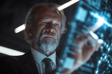 Visionary senior executive analyzing futuristic data interface with intense focus, driving innovation forward