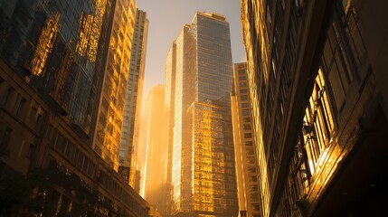 Obraz premium Golden evening light shining through skyscraper