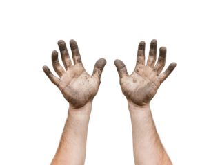 Showcasing dirty hands reaching upwards, symbolizing hard work, struggle, or seeking help.