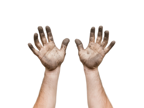 Showcasing dirty hands reaching upwards, symbolizing hard work, struggle, or seeking help.