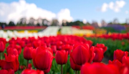 Vibrant red tulips in a vast flower field