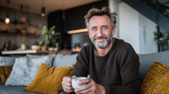 Happy middle aged man holding coffee cup relaxing on couch at home. Smiling mature older man drinking tea looking at camera sitting on cozy sofa chilling in modern kitchen living room. Portrait.