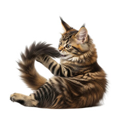 Fototapeta premium Playful maine coon kitten with fluffy tail on black background