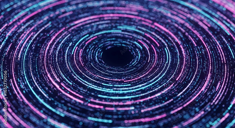 Poster abstract image of concentric circles composed of glowing pink and cyan particles, creating a dynamic