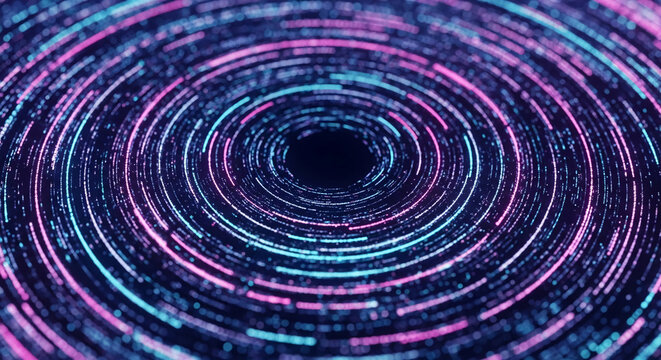 Abstract image of concentric circles composed of glowing pink and cyan particles, creating a dynamic and energetic visual effect, suitable for technology or futuristic concepts