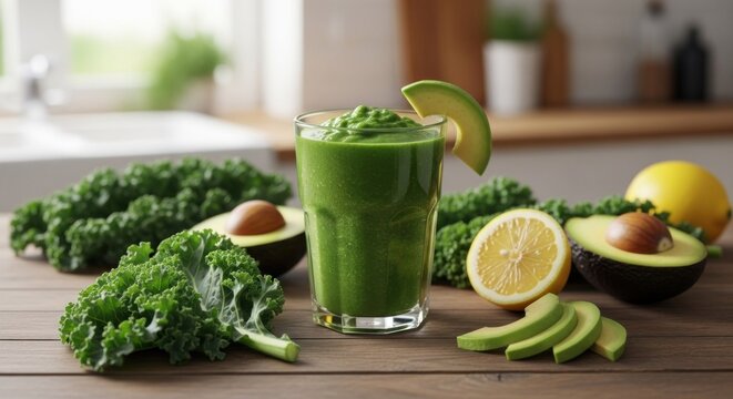 Vibrant green smoothie in a glass, surrounded by fresh ingredients