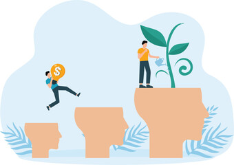 Businessman improve or develop ideas with jumping from move on different fixed mindset to a growth mindset on the head human concept 
