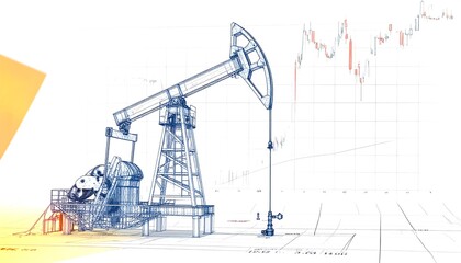 Oil rig sketch overlaid with stock market graph