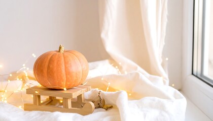A pumpkin on a miniature wooden sleigh, bathed in warm light