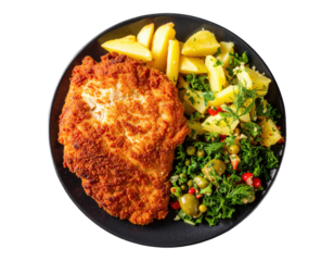 Golden breaded schnitzel with boiled potatoes and a fresh vegetable salad on a black plate top view.