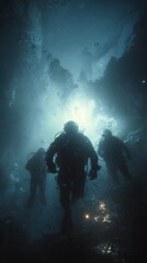 group of divers exploring underwater with bright light