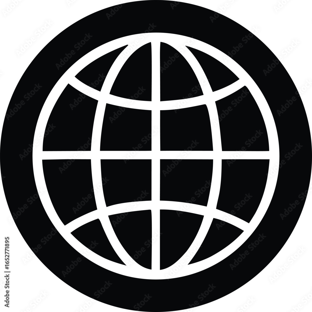Poster simple black and white graphic icon representing a stylized globe or world map within a circular bor
