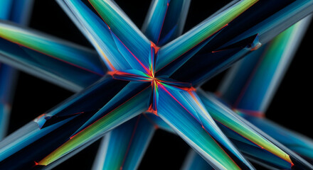 Abstract image of vibrant blue, green, and red lines intersecting, creating a starburst pattern on black background, symbolizing energy, dynamism, and modern art
