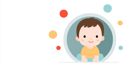 Cute cartoon caucasian baby in yellow outfit with colorful dots background