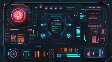 Obraz premium Futuristic glowing AI circuit board with electronic details for UI and GUI design. Hi-tech panel with light effects. Technology background. Vector illustration. EPS 10