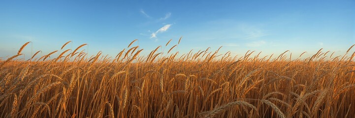 A vast field of golden wheat under a clear blue sky with sparse clouds on a sunny day in the countryside
