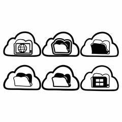 Fototapeta premium Cloud computing folder icons set, hand drawn style, includes folder, file, document, website, and window isolated on white background