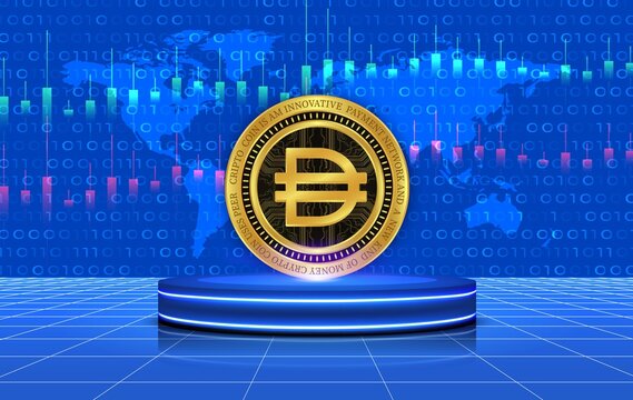 Images of dai cryptocurrency on digital background. 3d illustrations.