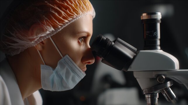 Exploring Nanomaterials: Materials Scientist Analyzing under Scanning Electron Microscope with Warm Studio Lighting