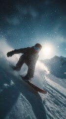 Naklejka premium snowboarder riding fresh powder on mountain slope