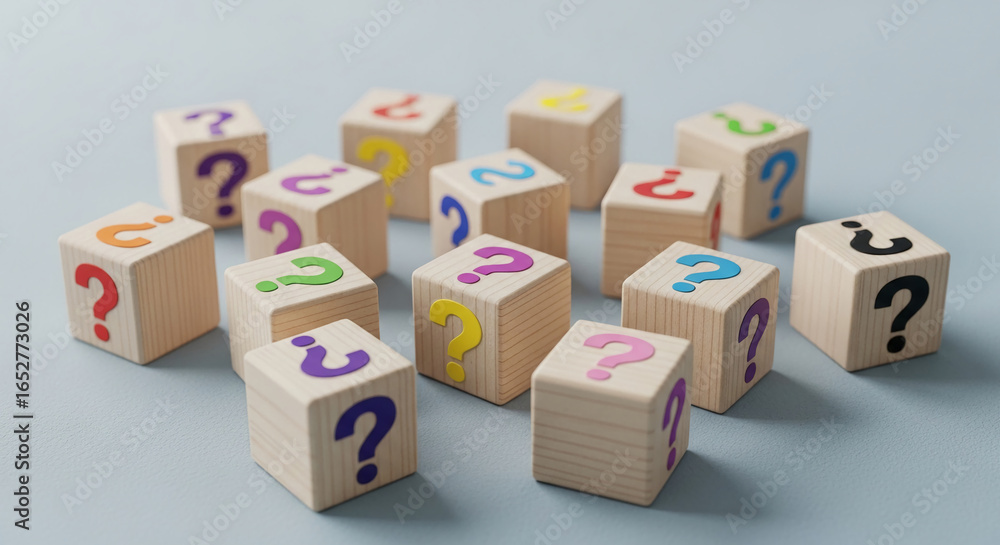 Poster scattered wooden cubes with colorful question marks, representing uncertainty, inquiry, or problem-s