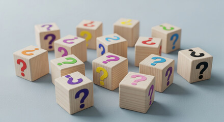 Scattered wooden cubes with colorful question marks, representing uncertainty, inquiry, or problem-solving concepts