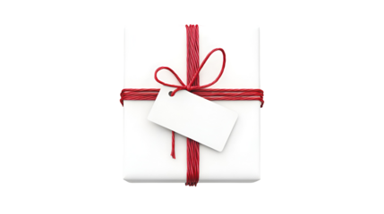 Elegant White Gift Box with Red Ribbon and Blank Tag Isolated on Transparent Background for Presents and Greetings