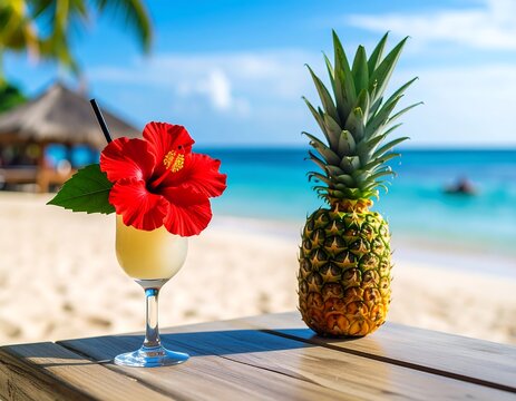 Invigorating Tropical Drink with Pineapple on a Serene Beach Vacation