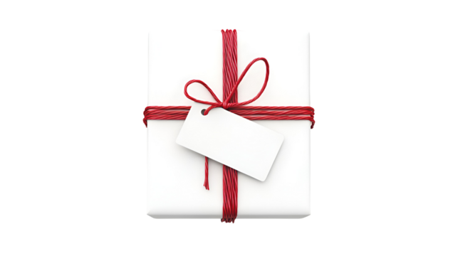 Elegant White Gift Box with Red Ribbon and Blank Tag Isolated on Transparent Background for Presents and Greetings