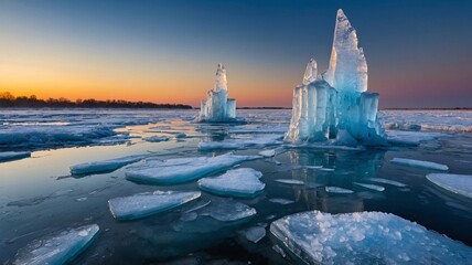 Stunning ice formations rise majestically from serene waters at sunset, creating a tranquil winter landscape.