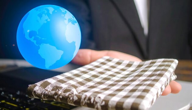 Businessperson holding a checkered cloth with a holographic image of Earth
