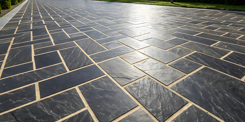 Dark charcoal slate pavers in mixed rectangular pattern, displaying natural stone veining with sophisticated gray tones and professional installation quality.