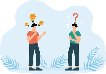 Two businessmen share idea positive thinking and question solution thinking concept
