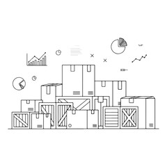 Commercial Warehouse and Packaging Design: Sketch drawing of multiple logistics boxes and crates. Stock image suitable for logistics, transportation, import-export and warehousing modernization.