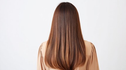 Naklejka premium Photograph of the back view, long straight hair with a middle parting and a shiny, light brown color