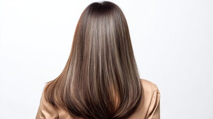 Naklejka premium Photograph of the back view, long straight hair with a middle parting and a shiny, light brown color