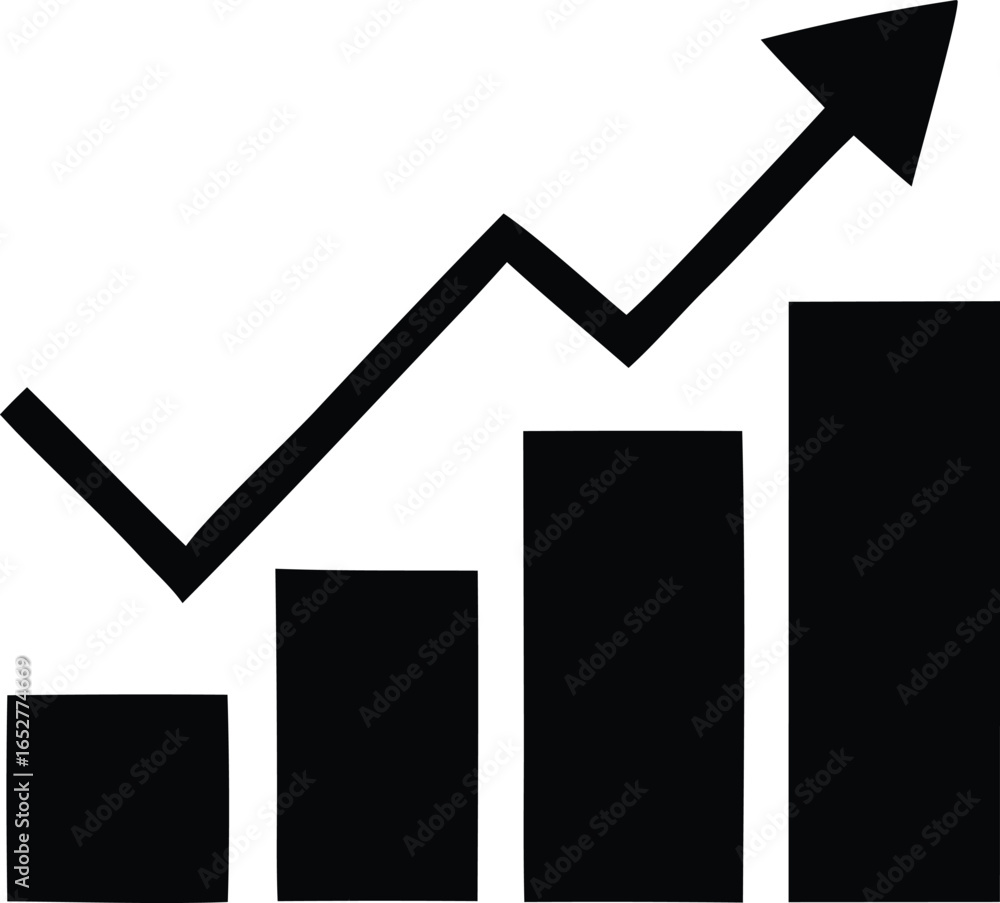 Poster black and white graphic of an upward trending bar chart with a jagged line graph indicating growth a