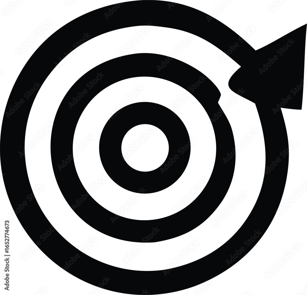 Poster black and white graphic illustration of a target with an arrow completing a circular path around it 
