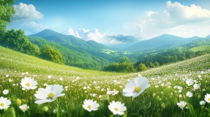 Blooming white flower fields over emerald hills, set against a distant backdrop of tranquil mountain ridges