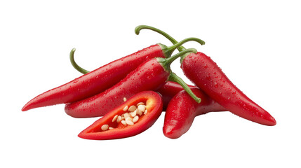 Vibrant red chili peppers glistening with fresh water droplets, one sliced to reveal seeds