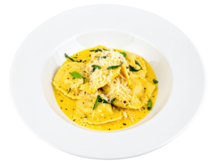 Gourmet ravioli pasta in a creamy yellow sauce topped with grated parmesan cheese and fresh basil leaves.