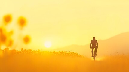 Fototapeta premium Cyclist silhouetted against a vibrant golden sunrise with hot air balloons